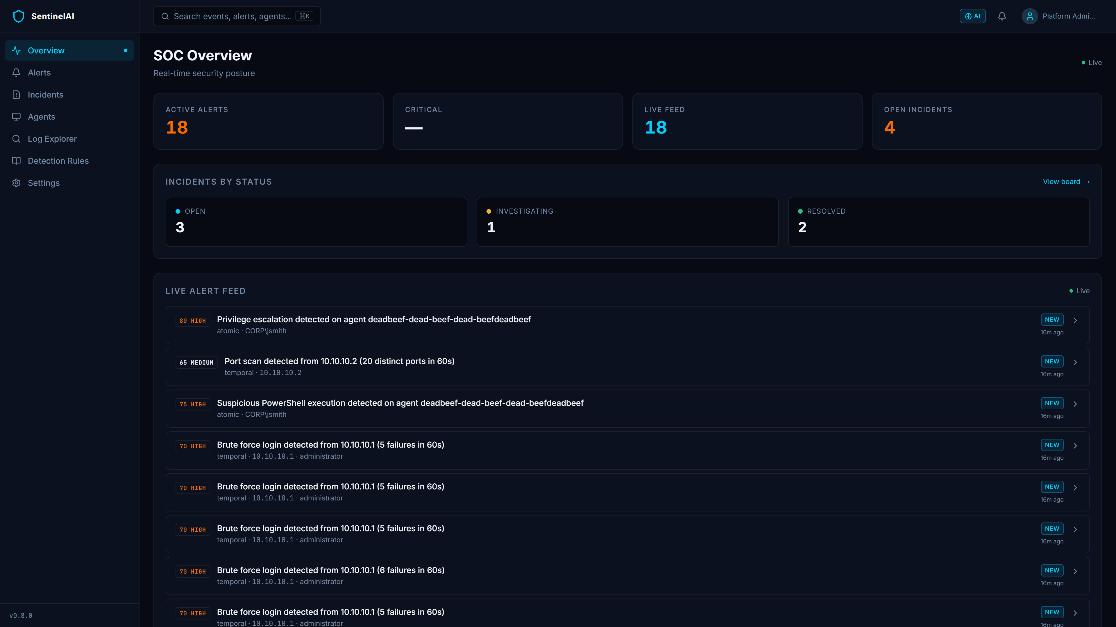 SentinelAI real-time SOC dashboard